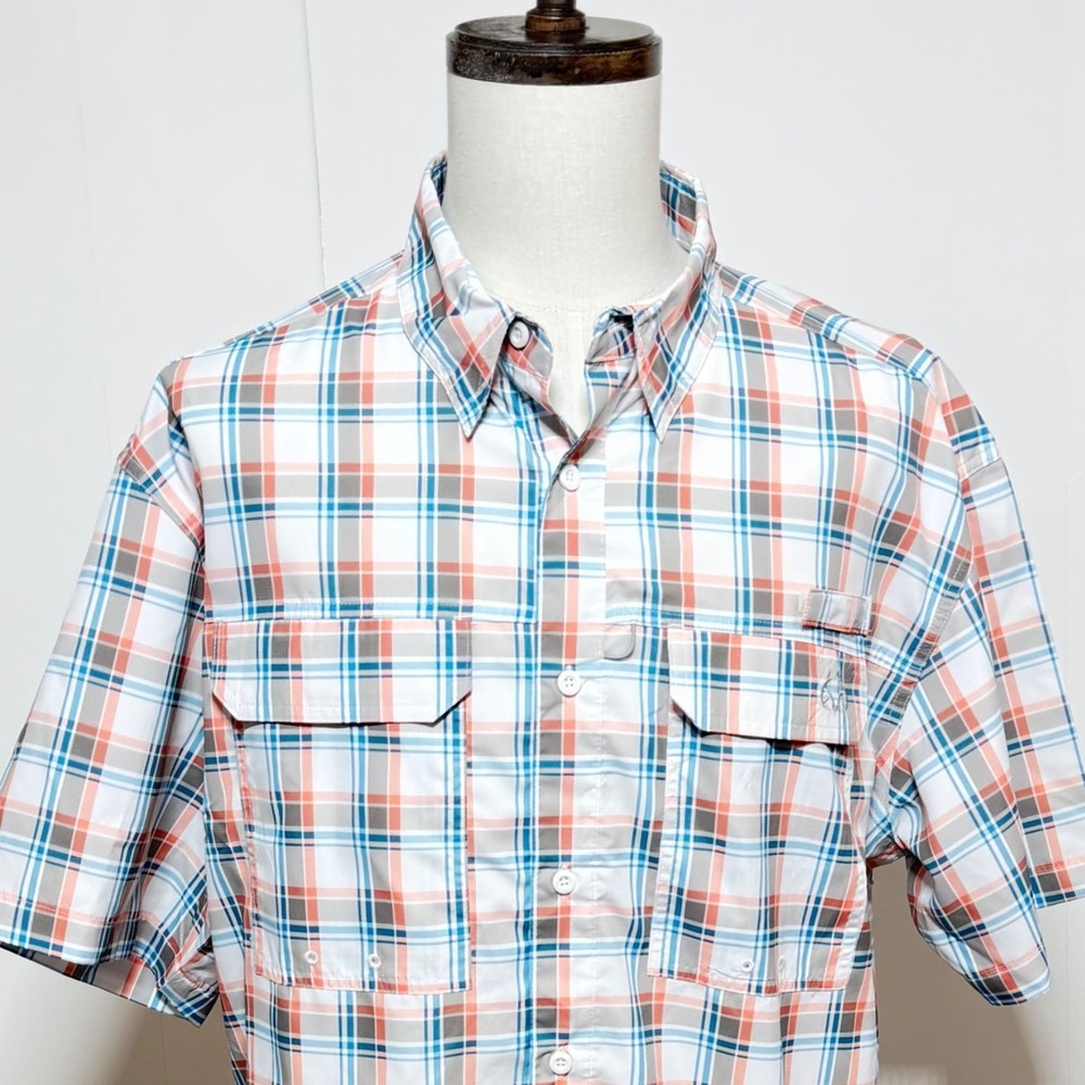 Realtree Fishing Shirt Mens XL Blue Orange Plaid Short Sleeve Vented Fishing